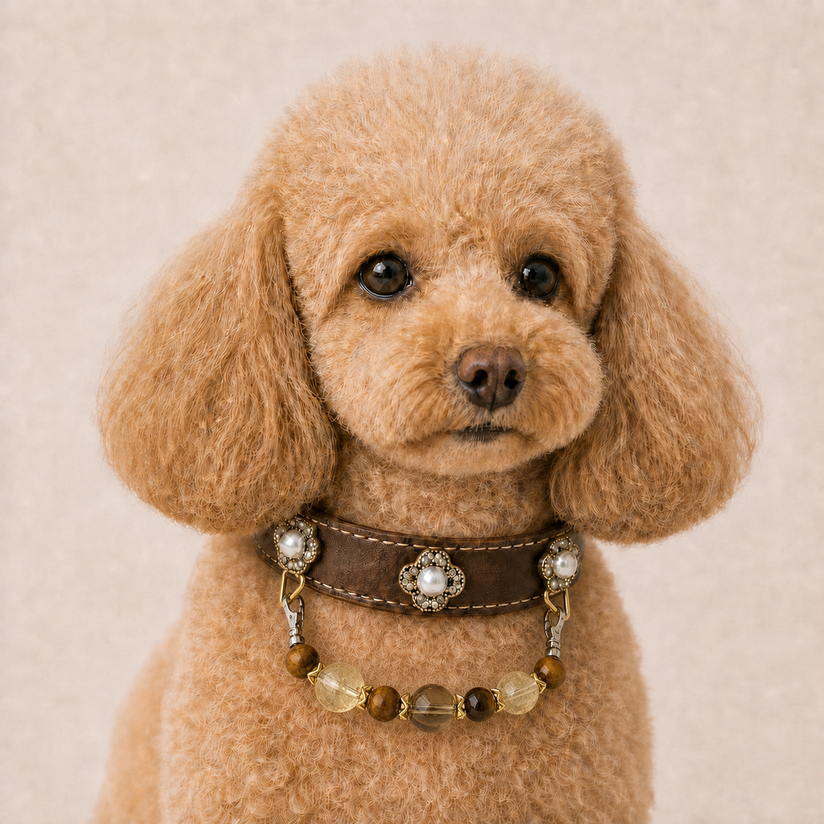 XCENCORE Honeyed Tiger Crystal Pet Collar worn by an apricot poodle — exact seven-bead pendant