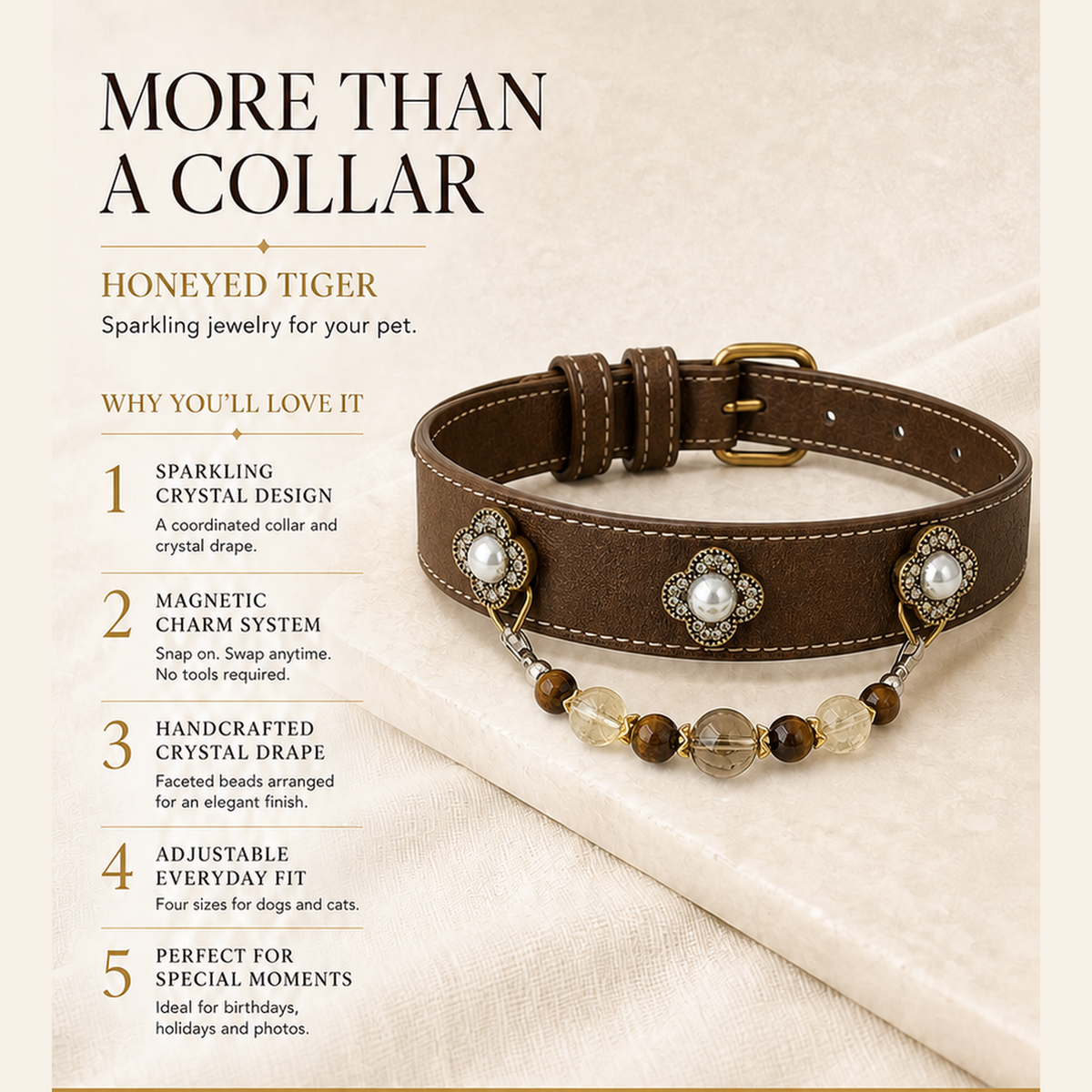 XCENCORE honeyed-tiger-crystal-pet-collar — product benefits square detail v2 — 2026-08-31