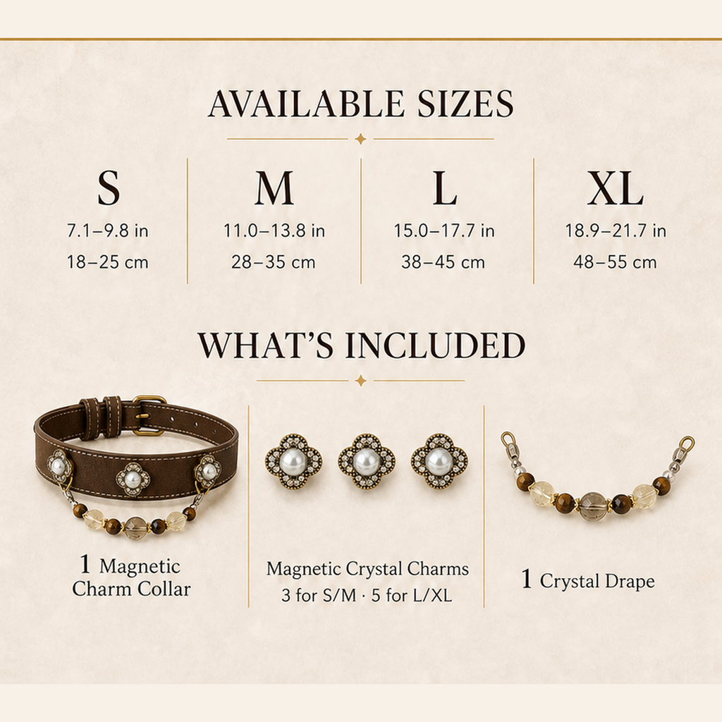 XCENCORE honeyed-tiger-crystal-pet-collar — sizes and included pieces square detail v2 — 2026-08-31