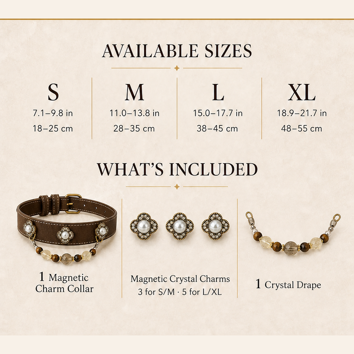 XCENCORE honeyed-tiger-crystal-pet-collar — sizes and included pieces square detail v2 — 2026-08-31