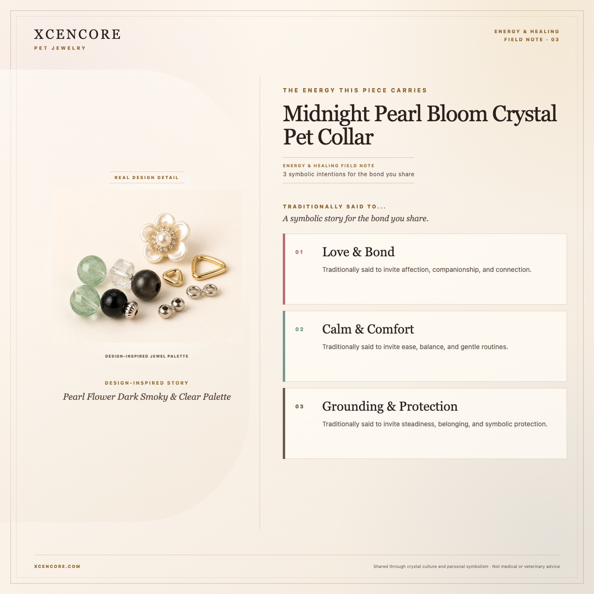 XCENCORE Midnight Pearl Bloom Crystal Pet Collar Energy & Healing field note — clean real material v4