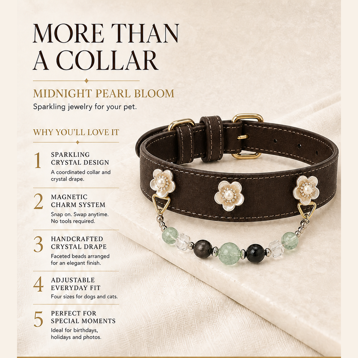 XCENCORE midnight-pearl-bloom-crystal-pet-collar — product benefits square detail v2 — 2026-08-31
