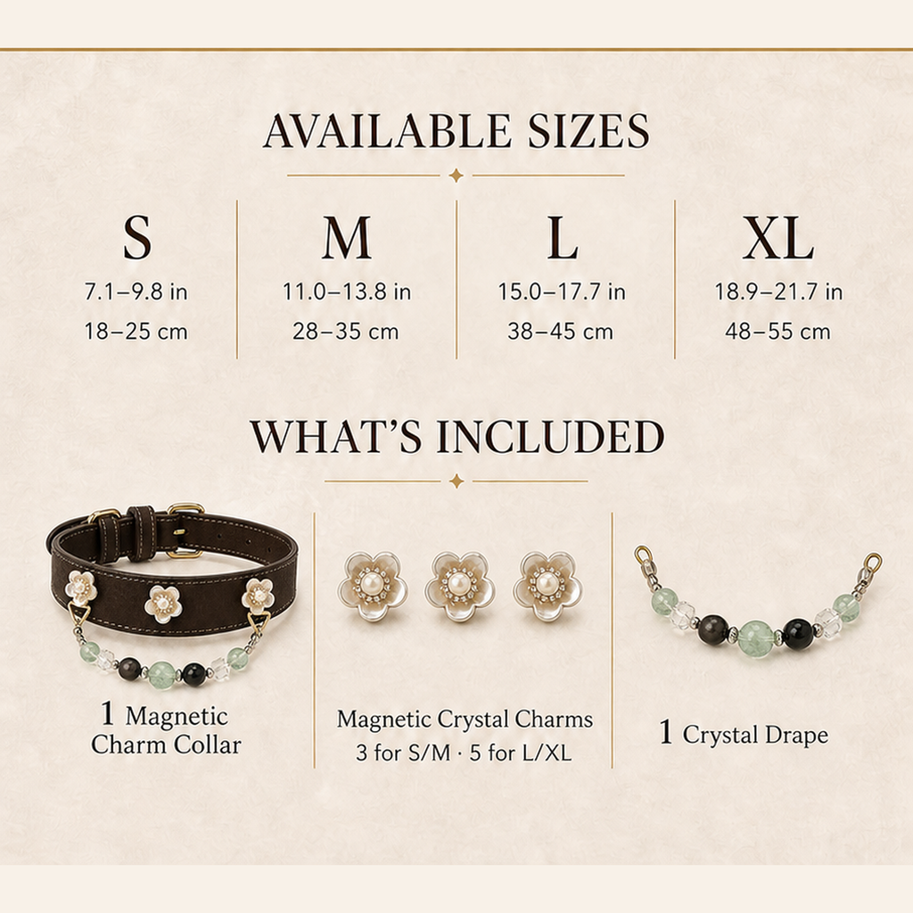 XCENCORE midnight-pearl-bloom-crystal-pet-collar — sizes and included pieces square detail v2 — 2026-08-31