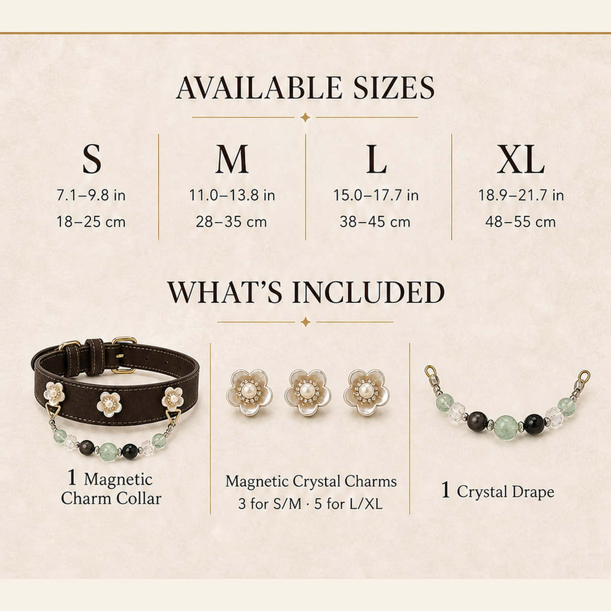XCENCORE midnight-pearl-bloom-crystal-pet-collar — sizes and included pieces square detail v2 — 2026-08-31