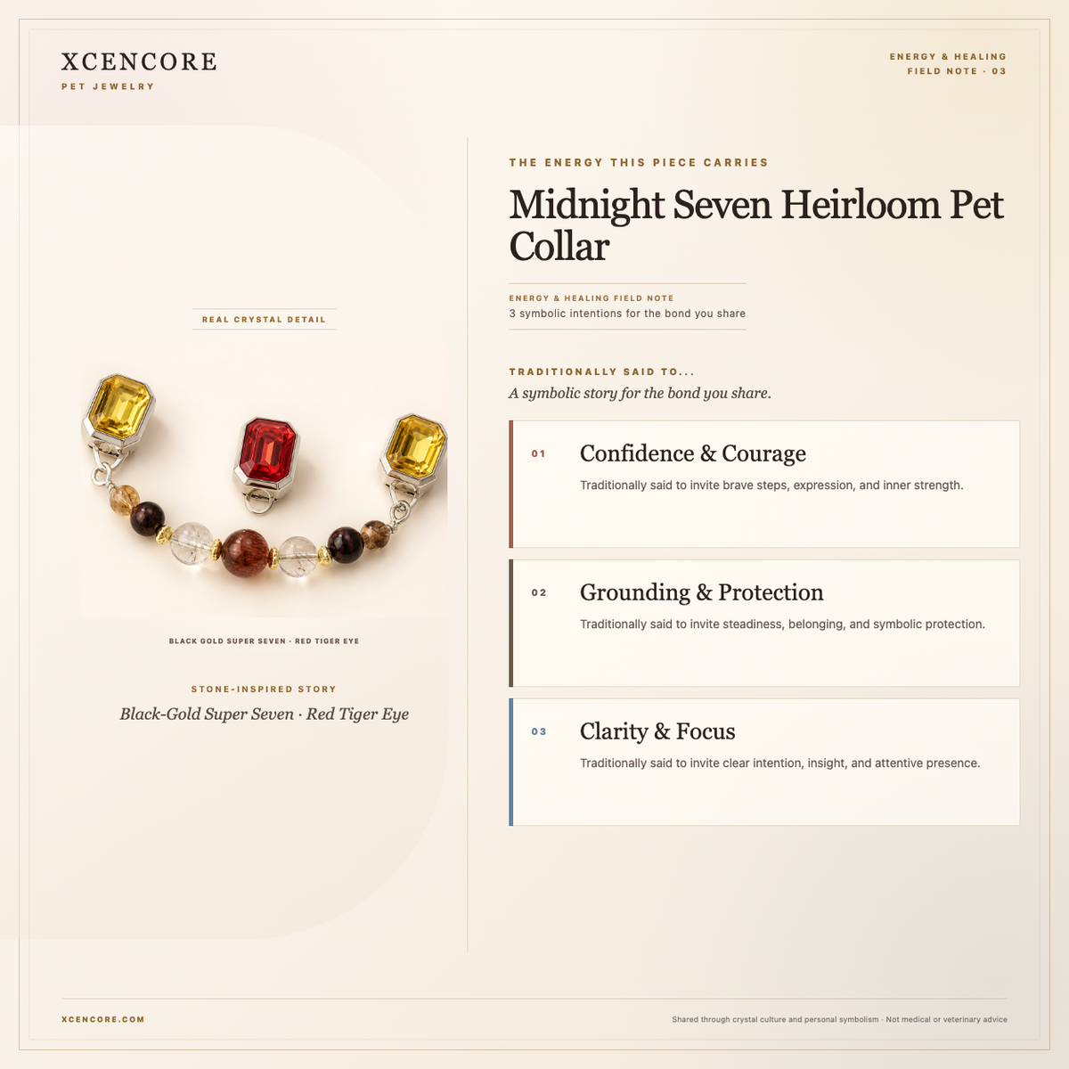 XCENCORE Midnight Seven Heirloom Pet Collar Energy & Healing field note — clean real material v4