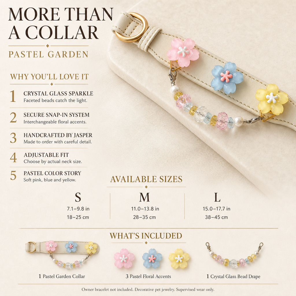 XCENCORE pastel-garden-crystal-pet-collar — benefits sizes and included square detail S M L — 2026-08-31