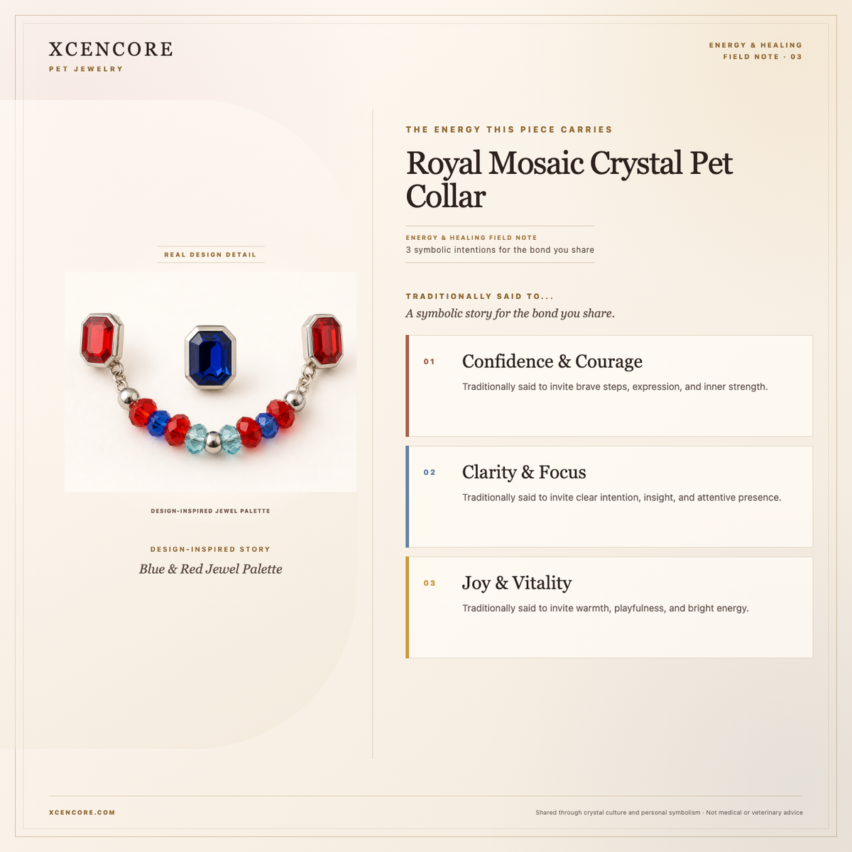 XCENCORE Royal Mosaic Crystal Pet Collar Energy & Healing field note — clean real material v4