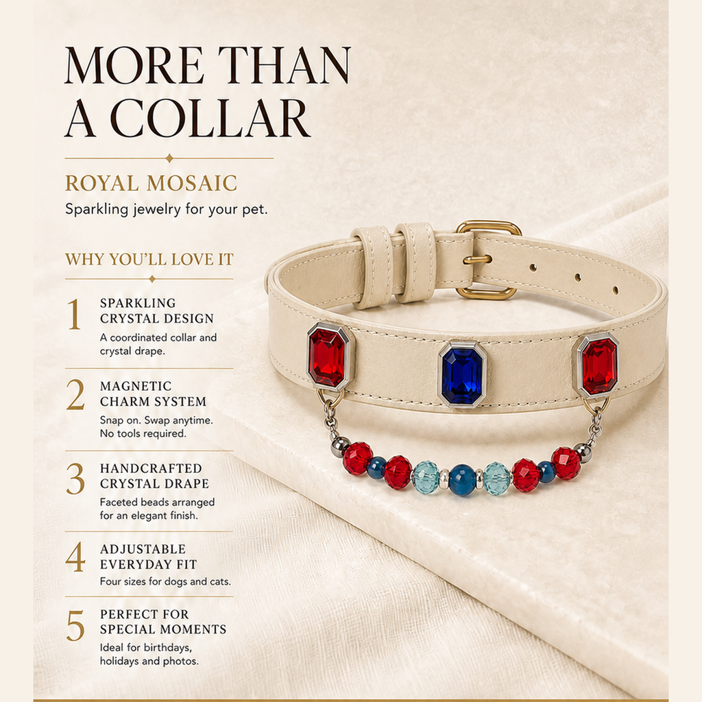 XCENCORE royal-mosaic-crystal-pet-collar — product benefits square detail v2 — 2026-08-31