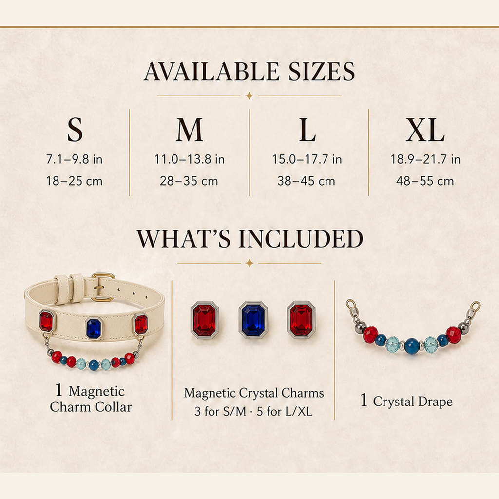 XCENCORE royal-mosaic-crystal-pet-collar — sizes and included pieces square detail v2 — 2026-08-31