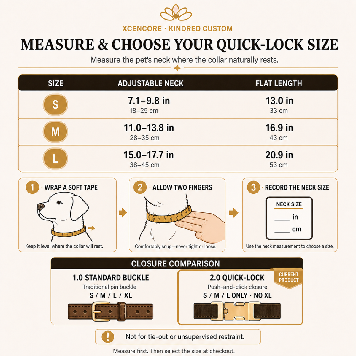 XCENCORE XCENCORE Scarlet Blossom Quick-Lock Crystal Pet Collar Quick-Lock 2.0 size, neck measurement and closure comparison guide — S M L only