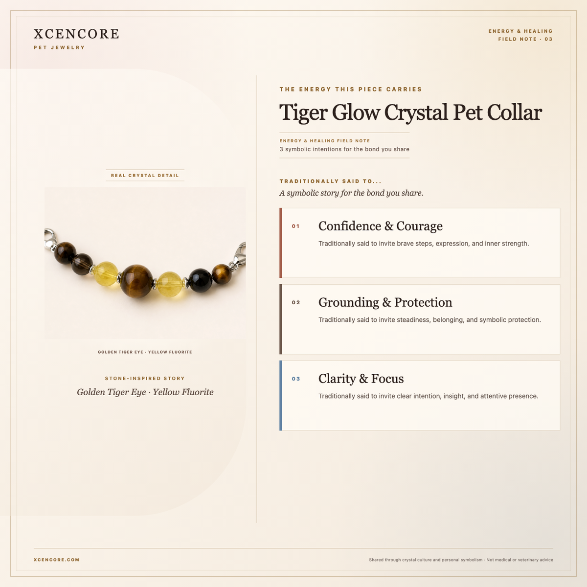 XCENCORE Tiger Glow Crystal Pet Collar Energy & Healing field note — clean real material v4