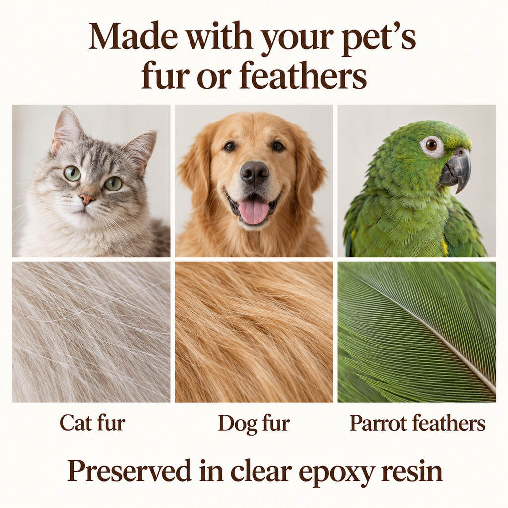 Illustration showing a cat, dog, and parrot with close views of cat fur, dog fur, and parrot feathers, the supported materials for custom keepsakes.
