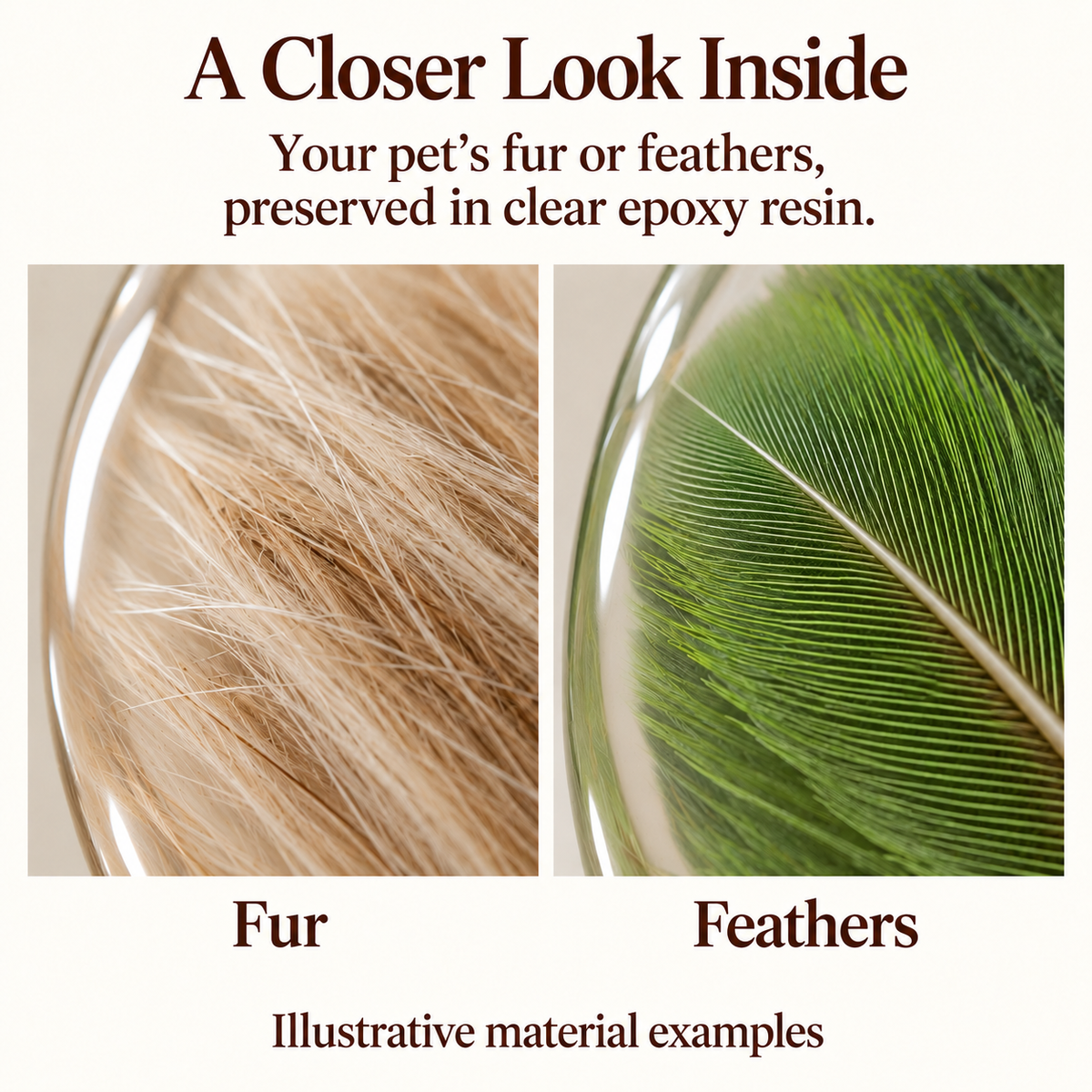 Illustrative close views of fur and a green feather showing the idea of pet materials preserved in clear epoxy resin.