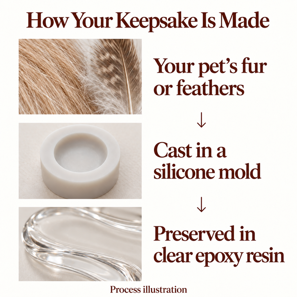 Process illustration of pet fur or feathers, a silicone mold used for casting, and preservation in clear epoxy resin.