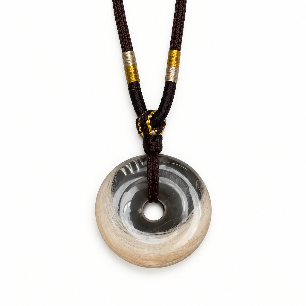 Clear donut pendant with light pet fur around the lower rim and a dark braided cord threaded through its center opening on a white background.