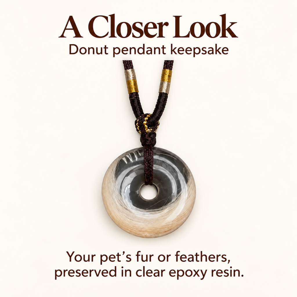Donut pendant detail card showing the center-threaded dark cord and light fur inside the resin, with a note about pet fur or feathers in clear epoxy resin.