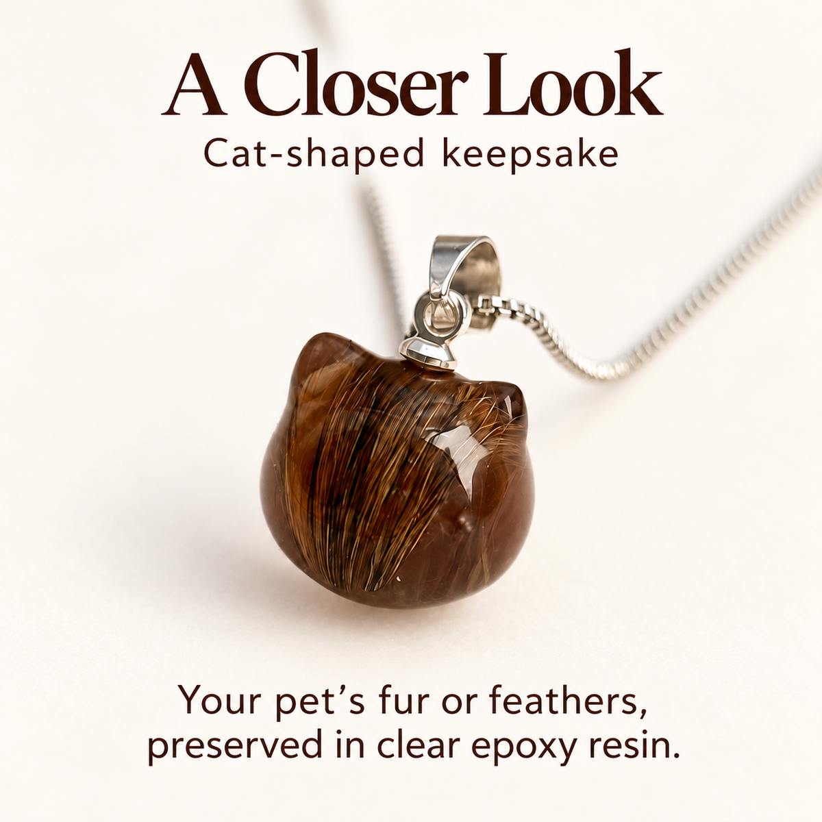 Cat-shaped necklace detail card showing brown fur in the resin pendant, top hardware, and a fine chain, with a note about fur or feathers in clear epoxy resin.