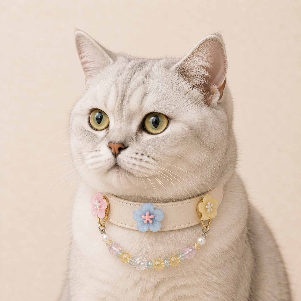 Silver-shaded cat wearing an ivory XCENCORE floral crystal collar