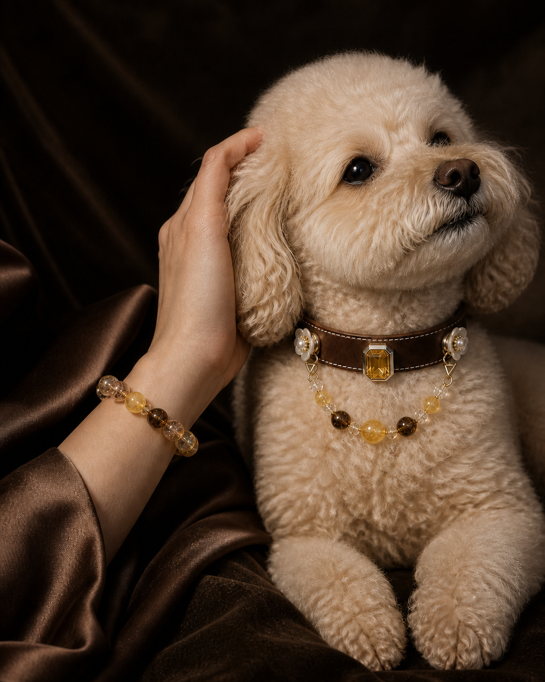 A hand wearing a coordinating crystal bracelet gently pets a dog wearing an XCENCORE crystal collar